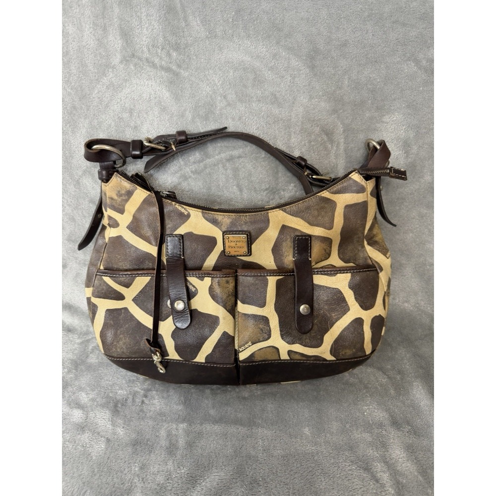 Dooney & Bourke Giraffe Print Leather Trim Hobo Shoulder Bag Zipper Earthy Boho - Picture 2 of 9